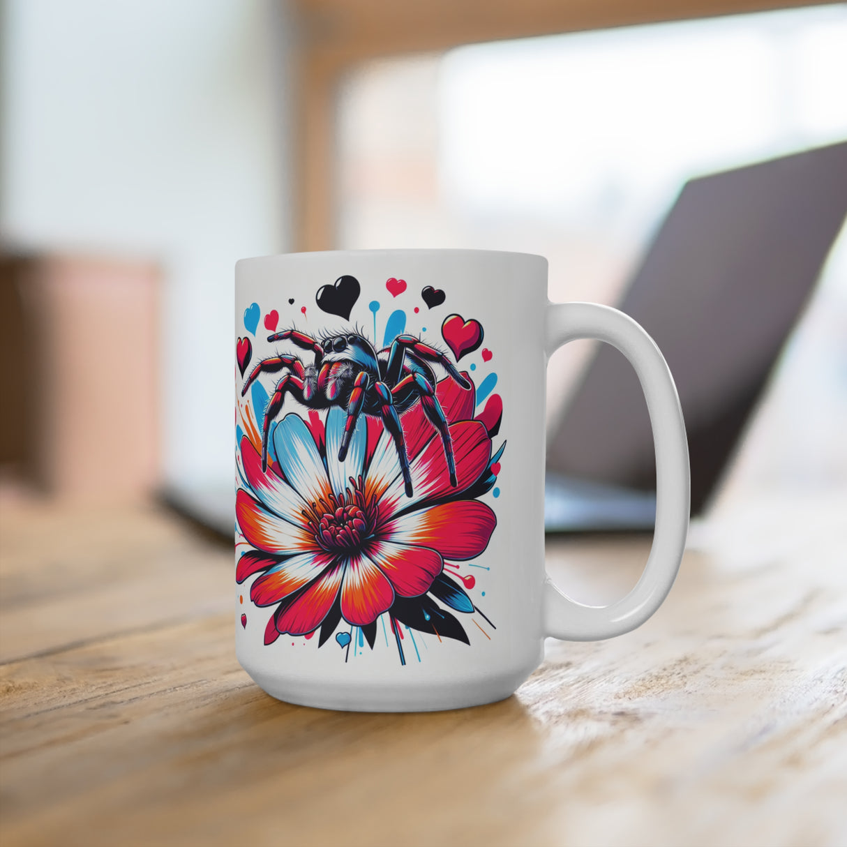 This 15 oz jumping spider-themed coffee mug features a regal jumping spider standing on a flower with purple and red hearts around it.