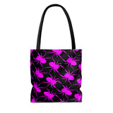 Jumping Spider Print Tote Bag with Pink on Black Spider Print