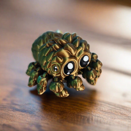 Metalic/iridescent jumping spider toy with moving legs and magnetic bottom.